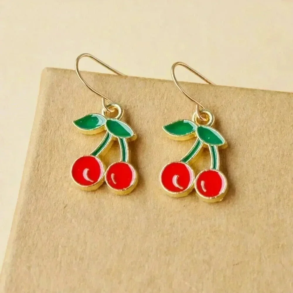 Handmade Enameled Red Cherries Charm Dangle Gold Plated Earrings